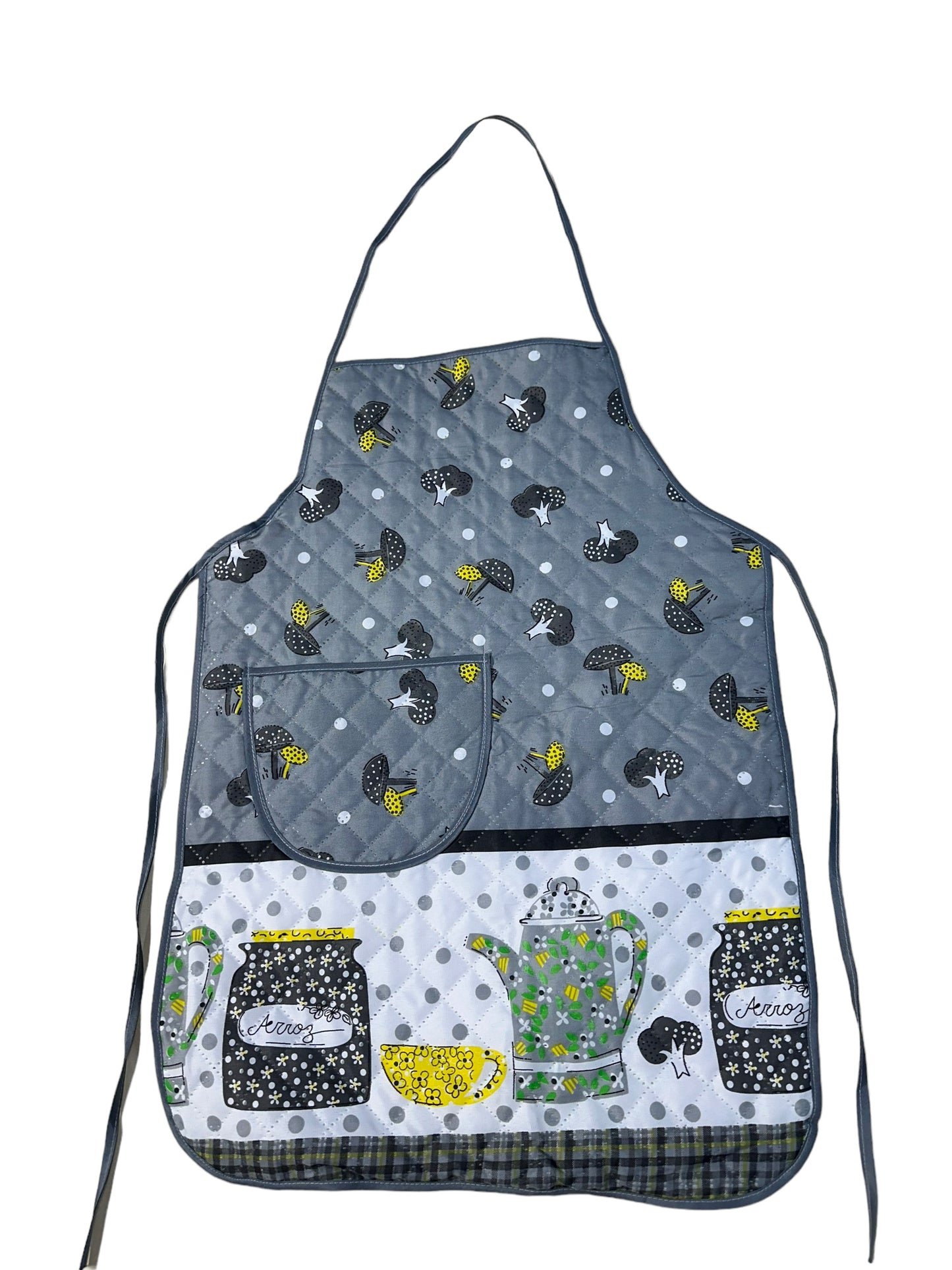 Aprons- printed cloth with pocket on front & plastic back