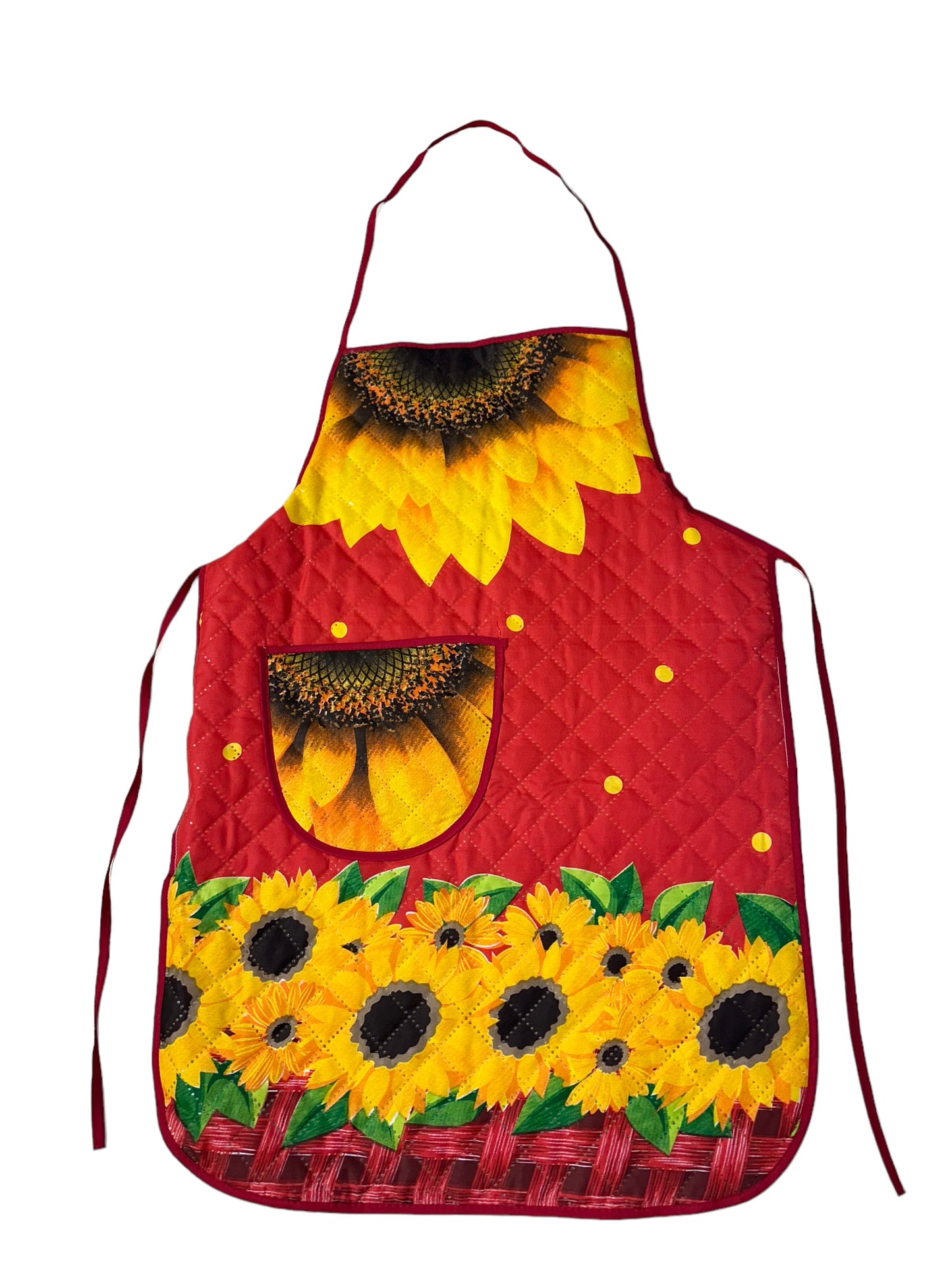 Aprons- printed cloth with pocket on front & plastic back