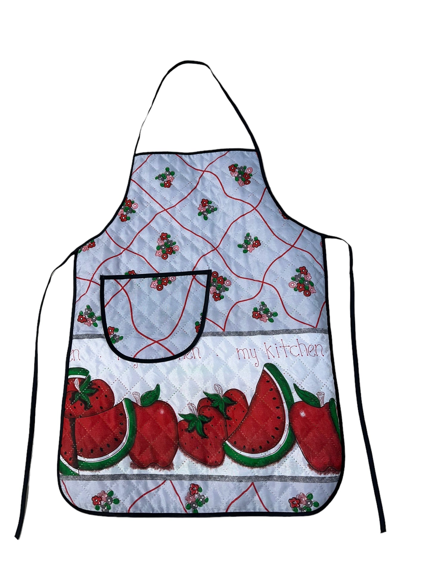 Aprons- printed cloth with pocket on front & plastic back