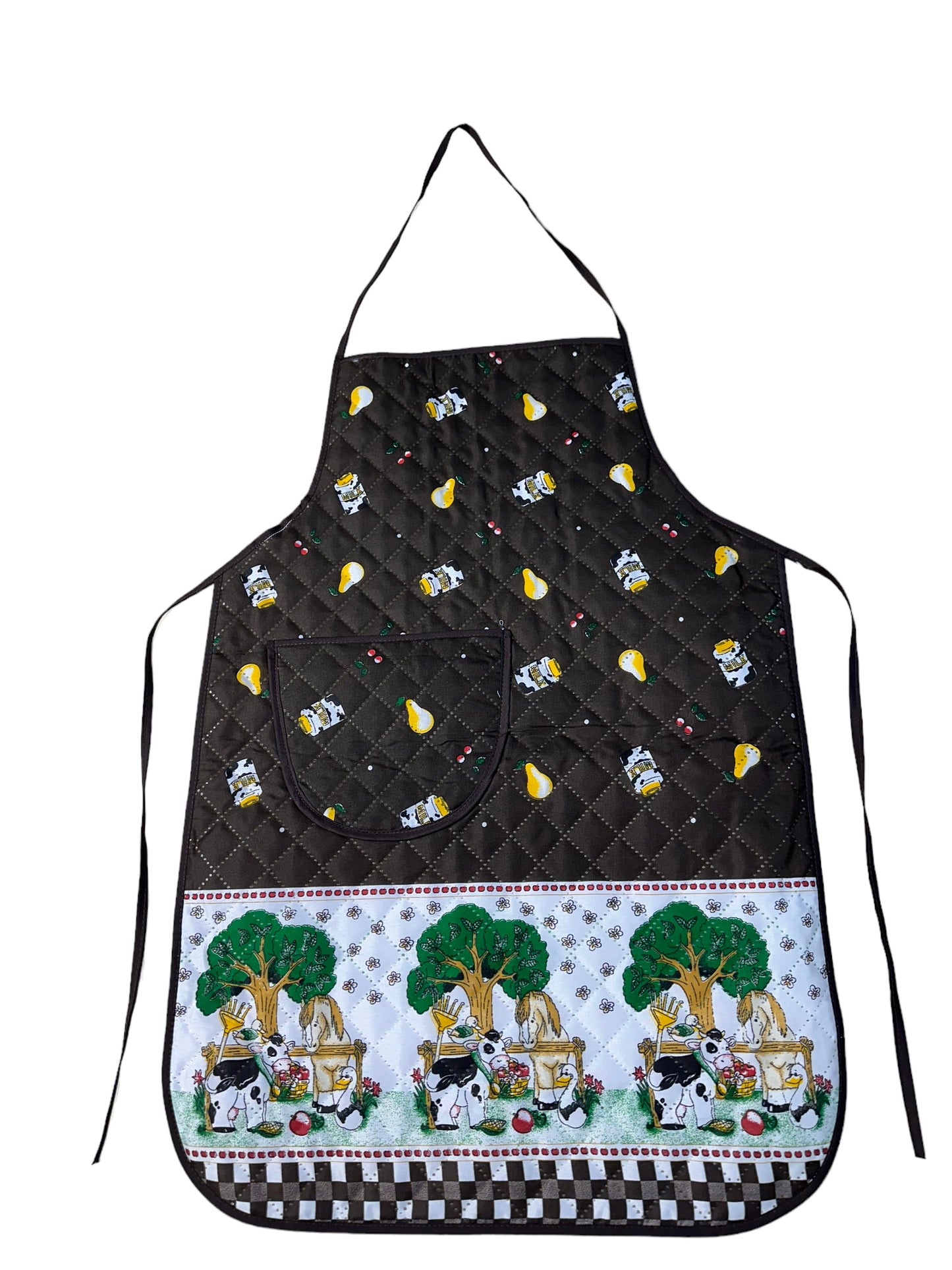 Aprons- printed cloth with pocket on front & plastic back