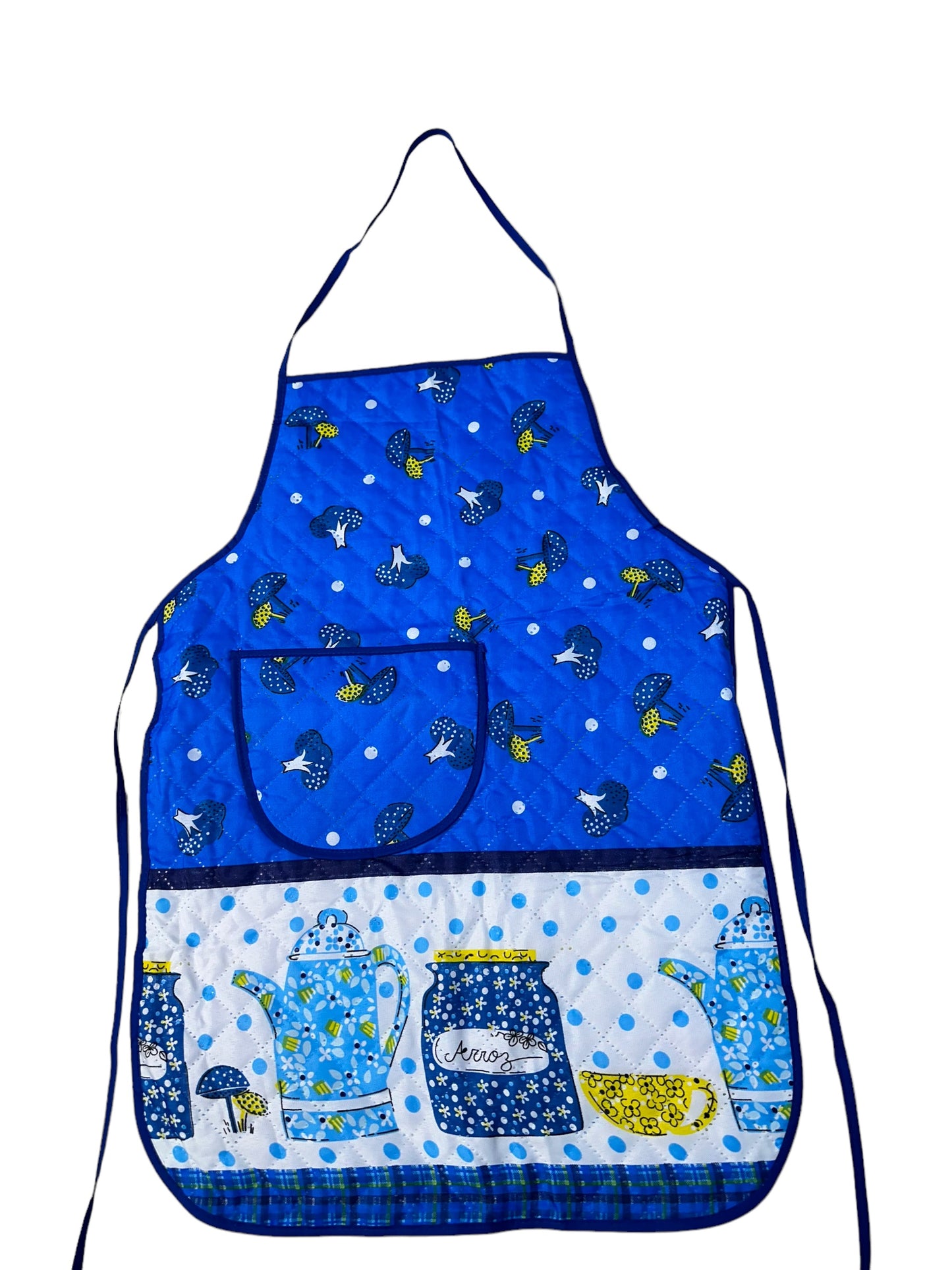 Aprons- printed cloth with pocket on front & plastic back